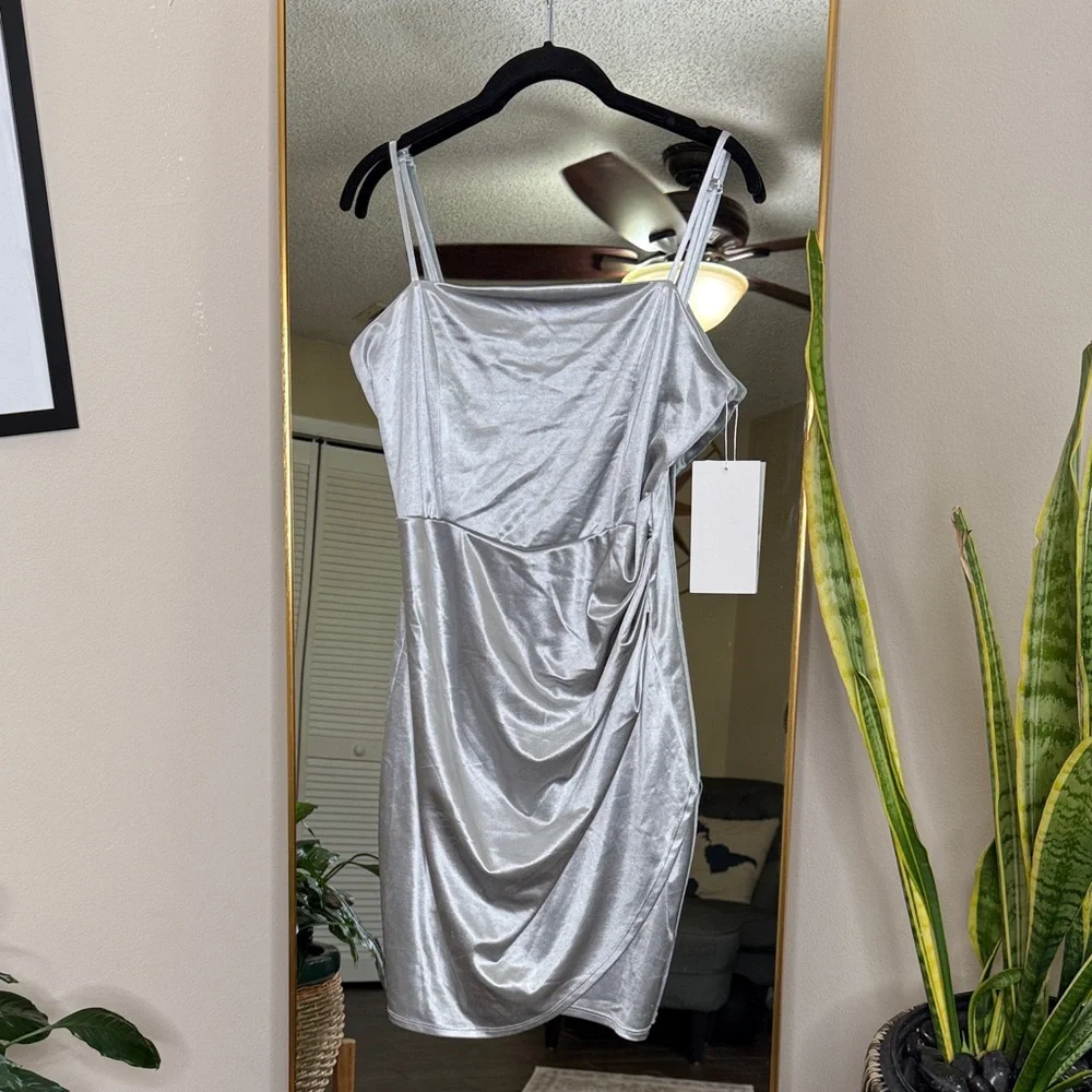 Honey and Rosie Square Neck Faux Wrap Satin Dress